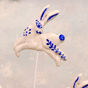 Jumping rabbit garden art, handmade ceramic rabbit for garden pot decoration, jumping hare ornament for garden, miniature bunny figurine. image 1