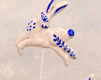 Jumping rabbit garden art, handmade ceramic rabbit for garden pot decoration, jumping hare ornament for garden, miniature bunny figurine.