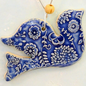 Ceramic Bird Ornament, handmade garden art, bird decoration, wall hanging bird with copper wire hook and blue bead image 5