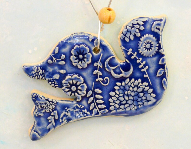 Ceramic Bird Ornament, handmade garden art, bird decoration, wall hanging bird with copper wire hook and blue bead image 5