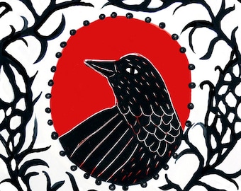 Blackbird in the Brambles, Ceramic Tile Art, ceramic wall art, tabletop or installed tile. Crow art, Raven clay tile. 4.25x4.25 inches