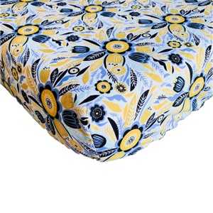 Mustard + Navy Standard Fitted Crib Sheet, Boho Floral, Toddler Bedding, Cot Sheet, Yellow and Blue Flowers, Nursery Linens, Baby Bed