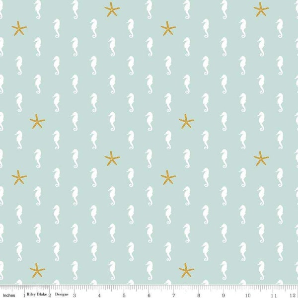 Let's be Mermaids, Mint Seahorse, Riley Blake Designs, 100% cotton fabric by the yard, fat quarter, 1/2 yard, quilter's cotton, gold sparkle