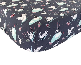 White Swans Fitted Crib Sheet, Fitted Cot Sheet, Navy Blue, Baby Girl Bedding, Baby Shower Gift, Nursery Sheets, Water, Floral, Birds