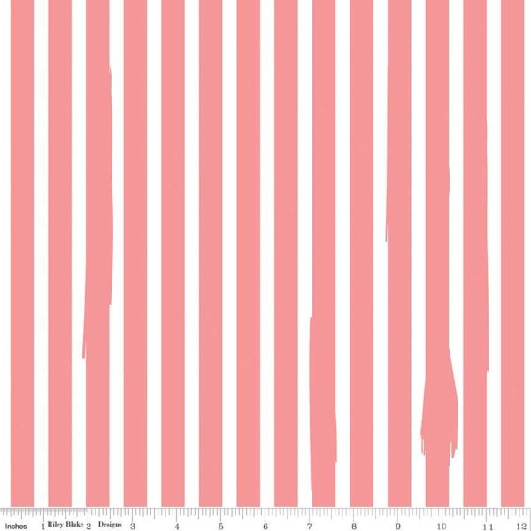 Kiss Me Kate Nail Polish Stripe Coral, Riley Blake Designs, 100% cotton fabric by the yard, fat quarter, 1/2 yard, quilter's cotton, pink