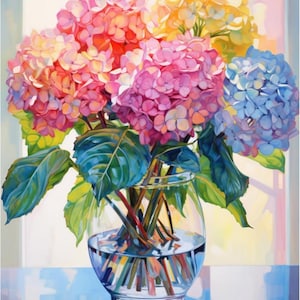 May include: A vibrant painting of a bouquet of hydrangeas in a clear glass vase. The flowers display a range of colors, including pink, orange, yellow, and blue. The vase sits on a reflective surface, with the window in the background.