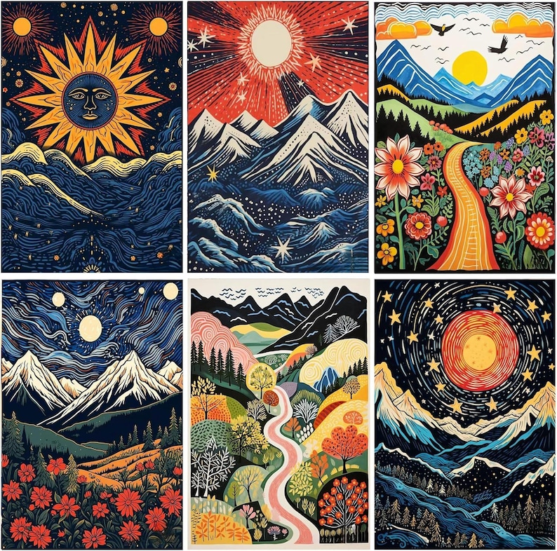 May include: Set of six art prints featuring stylized landscapes with mountains, suns, and celestial elements. Each print showcases a unique color palette, including blues, reds, and yellows, with detailed illustrations of nature scenes.