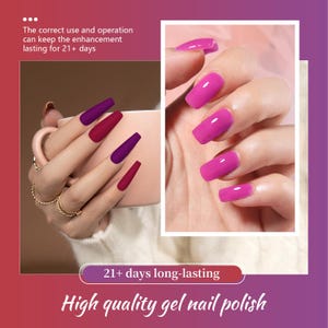 K&ouml;nnte beinhalten: Bild von manik&uuml;rten N&auml;geln in Lila- und Rosat&ouml;nen. Die N&auml;gel sind mit hochwertigem Gel-Nagellack lackiert, der eine lange Haltbarkeit verspricht. Der Text lautet "21+ Tage lang anhaltend" und "Hochwertiger Gel-Nagellack."