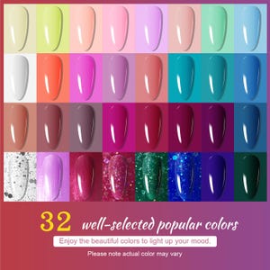 K&ouml;nnte beinhalten: Eine Anzeige von 32 Nagellackfarben in verschiedenen Farbt&ouml;nen, darunter Wei&szlig;, Rosa, Orange, Blau und Gr&uuml;n. Das Bild enth&auml;lt den Text "32 gut ausgew&auml;hlte beliebte Farben".