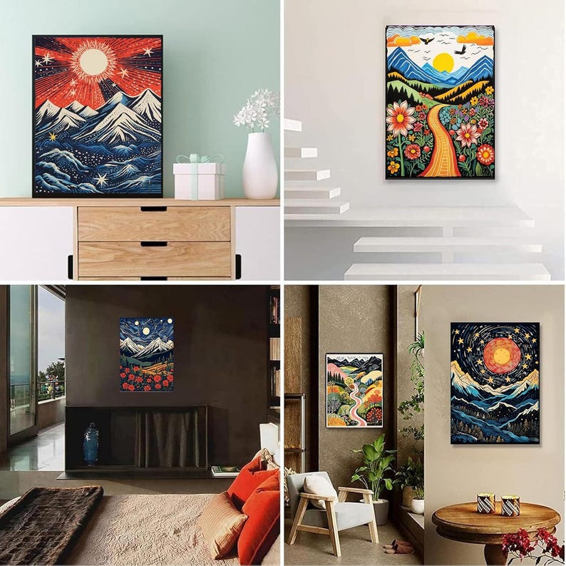 May include: Four framed landscape art prints. One features a mountain range with a sun and stars. Another shows a path through a field of flowers. A third depicts a mountain scene under a starry night. The last one shows a winding road through a valley.