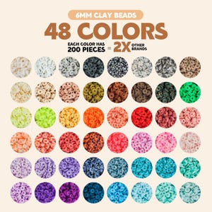 May include: An image displaying 48 colours of 6mm clay beads, with 200 pieces of each colour. The beads are arranged in circular patterns, showcasing a wide variety of colours, including white, black, green, orange, red, pink, purple, and blue.