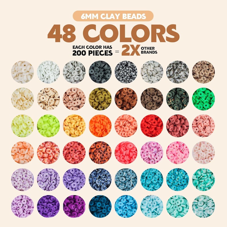 May include: An image displaying 48 colours of 6mm clay beads, with 200 pieces of each colour. The beads are arranged in circular patterns, showcasing a wide variety of colours, including white, black, green, orange, red, pink, purple, and blue.