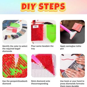 May include: A step-by-step guide for diamond painting. The image shows the process, including identifying colors, pouring beads, applying glue, using a pen to place diamonds, and pressing them to make them durable. The text "DIY STEPS" is at the top.