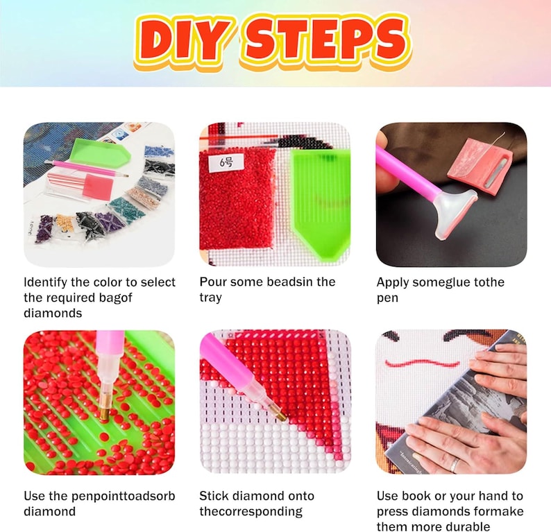 May include: A step-by-step guide for diamond painting. The image shows the process, including identifying colors, pouring beads, applying glue, using a pen to place diamonds, and pressing them to make them durable. The text "DIY STEPS" is at the top.