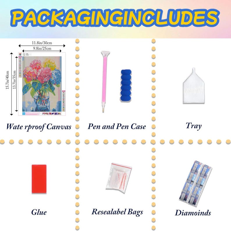 May include: An image showing the contents of a diamond painting kit. The kit includes a waterproof canvas (15.7in/40cm x 11.8in/30cm), a pen and pen case, a tray, glue, resealable bags, and diamonds. The canvas features a floral design.