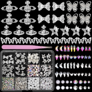 Silver 3D Nail Charms Gems and Nail Rhinestones Set, Bows Planet Stars Butterfly Alloy Nail Jewelry Charms+Ab Color Diamond Nail Gems+Multi