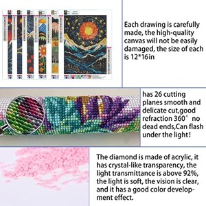 May include: Diamond painting kit with multiple designs. Each drawing is carefully made, the high-quality canvas will not be easily damaged, the size of each is 12*16in. The diamond is made of acrylic, it has crystal-like transparency.