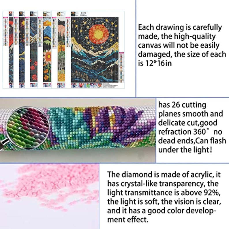 May include: Diamond painting kit with multiple designs. Each drawing is carefully made, the high-quality canvas will not be easily damaged, the size of each is 12*16in. The diamond is made of acrylic, it has crystal-like transparency.