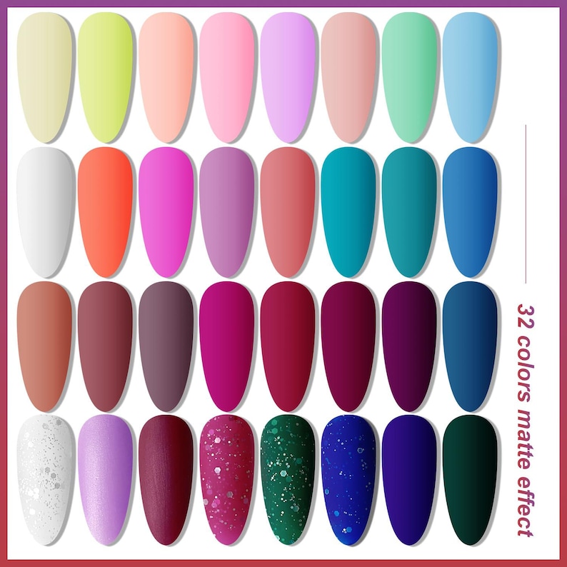 K&ouml;nnte beinhalten: Eine Auswahl von 32 Nagellackfarben mit Matt-Effekt in verschiedenen Farbt&ouml;nen, von Pastell bis Dunkel. Die Farben sind in einem Raster angeordnet und bieten eine vielf&auml;ltige Auswahl f&uuml;r Nailart. Der Text "32 colors matte effect" ist sichtbar.