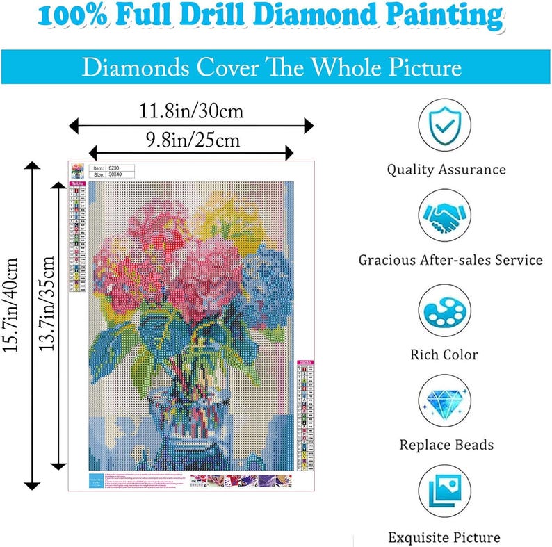 May include: A diamond painting kit featuring a floral still life in a vase. The artwork, measuring 15.7 inches by 11.8 inches, showcases pink, blue, and yellow flowers. The text reads "100% Full Drill Diamond Painting" and "Diamonds Cover The Whole Picture."