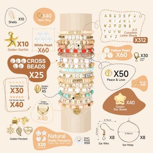 May include: A selection of jewellery-making components, including beads, charms, and earring parts. The image shows various bead types, such as wooden, pearl, and letter beads, along with golden starfish and heart charms. Ear wires and hoops are also included.
