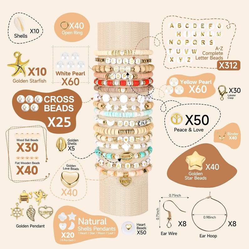 May include: A selection of jewellery-making components, including beads, charms, and earring parts. The image shows various bead types, such as wooden, pearl, and letter beads, along with golden starfish and heart charms. Ear wires and hoops are also included.