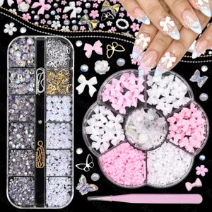 3D Bows Nail Art, Nail Charms and Flatback Pearls Gems Set, Flower Butterfly Bows 3D Asssorted Nail Charms, 3D Nail Charms and Gems Nail