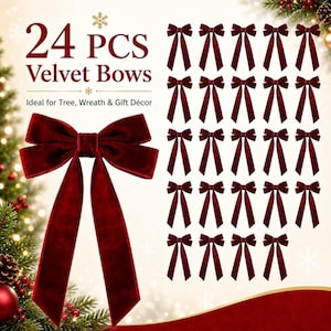May include: A set of 24 dark red velvet bows with long tails. The image displays one large bow in the foreground and a grid of 23 smaller bows to the right. Text on the image reads 24 PCS Velvet Bows. The background features a blurred Christmas tree.