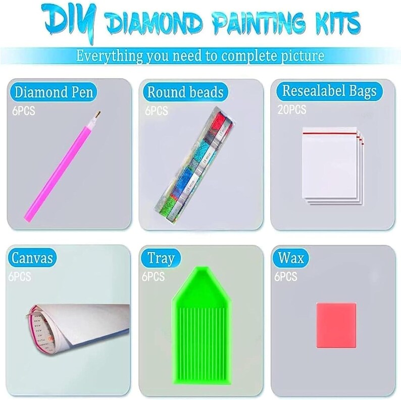 May include: A DIY diamond painting kit with all the necessary supplies. Includes a pink diamond pen, round beads, resealable bags, a canvas, a green tray, and a pink wax square. The text at the top reads "DIY DIAMOND PAINTING KITS".