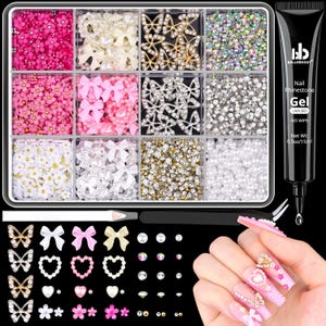 3D Nail Charms and Gems Set 8 with Rhinestone Glue, Chunky Butterfly Charms, 75PCS Coquette Nail Bows and Hearts 3D Flowers with Crystals