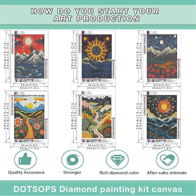 May include: Six diamond painting kits with landscape designs, each 40cm x 35cm (15.7in x 13.7in). The kits feature images of mountains, suns, and paths. Text includes "HOW DO YOU START YOUR ART PRODUCTION" and "DOTSOPS Diamond painting kit canvas".