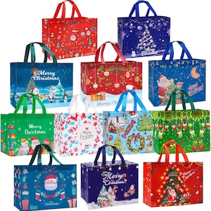 May include: A collection of Christmas-themed tote bags in various colors, including red, blue, green, and white. Each bag features festive designs such as Santa Claus, Christmas trees, ornaments, and the text "Merry Christmas".