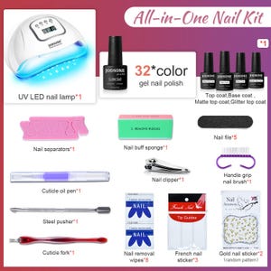 K&ouml;nnte beinhalten: Ein All-in-One-Nagel-Kit mit einer UV-LED-Nagellampe, 32 Gel-Nagellackfarben und verschiedenen Manik&uuml;re-Werkzeugen. Enth&auml;lt Nagelfeilen, eine Nagelhautgabel, Nagelknipser und Nagelaufkleber.