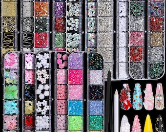 Nail Charms Rhinestones Kit, 8 Boxes Gems, 3D Flowers, Pearls, Studs, Tools