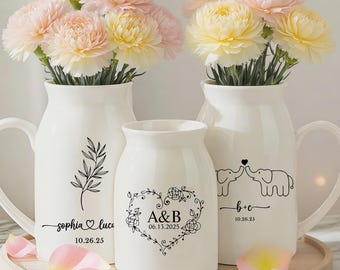 Personalized Engagement Flower Vase, Custom Wedding Ceramic Vase, Anniversary Gift for Couple, Gift for Newlyweds, Bridal Shower Gift