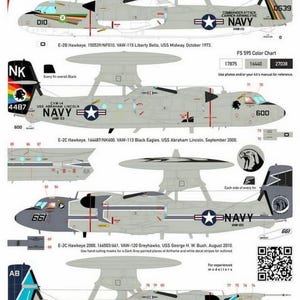 以下が含まれることがあります： Grumman E-2 Hawkeye航空機モデルの詳細なイラスト。画像には、さまざまなマーキングと配色が施された航空機の複数のビューが含まれており、「NAVY」と「SCALE 1:72」の文字も含まれています。経験豊富なモデラー向けのモデルです。