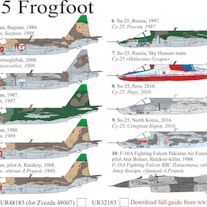 Può includere: Un foglio di decalcomanie con vari aerei Su-25 Frogfoot e un F-16A Fighting Falcon, ciascuno con motivi mimetici e marcature uniche. Gli aerei provengono da Afghanistan, Russia, Perù e Corea del Nord. Testo in inglese e cirillico.