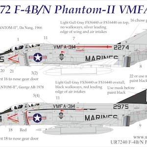 May include: Diagram of two F-4B/N Phantom-II fighter jets, with detailed markings and specifications. The top jet is gray with red and black accents, and the bottom jet is similar. Text includes "VMFA-314" and "MARINES".