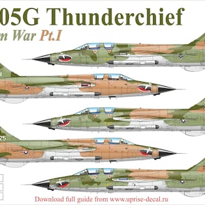 May include: An illustration of five F-105G Thunderchief fighter jets in a camouflage pattern. The jets are labeled A through E, with various markings and serial numbers. The text "F-105G Thunderchief Vietnam War Pt.I" is at the top.