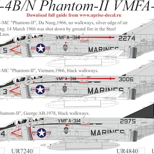 May include: Illustration of three F-4B/N Phantom-II aircraft, each with a different design and markings. The image includes text indicating the aircraft's history, including the years 1966 and 1978, and the text "VMFA-314".