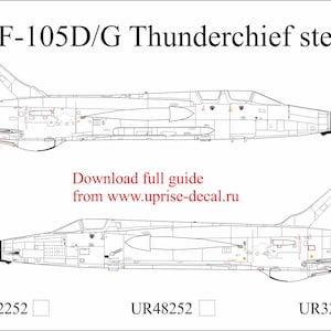 May include: Line drawings of F-105D/G Thunderchief aircraft stencils. The image includes two side profiles of the aircraft, with detailed outlines and markings. Text at the top reads "F-105D/G Thunderchief stencils." Additional text directs viewers to a website for a full guide.