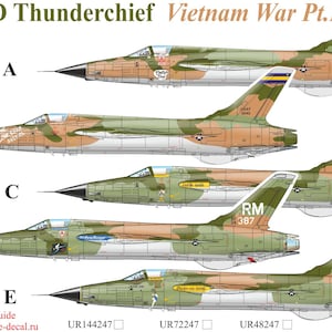 May include: An illustration of five F-105D Thunderchief fighter jets in a camouflage pattern. The image includes the text "F-105D Thunderchief Vietnam War Pt.II" and various markings on the aircraft, including "RU" and "RM" identifiers.