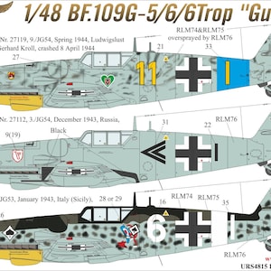 May include: An illustrated guide to three Bf.109G-5/6/6 Trop "Gustav" aircraft, featuring detailed camouflage schemes and markings. The image includes text providing aircraft specifications, pilot details, and dates. The aircraft are predominantly grey, with yellow, black, and white details.