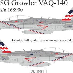 May include: Illustration of two EA-18G Growler VAQ-140 aircraft, featuring a gray color scheme with red, white, and blue accents. The text "Patriots" and "NAVY" are visible, along with the serial number 168900. The tail fin displays a patriotic design.