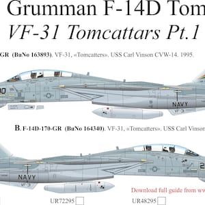 May include: Two detailed illustrations of Grumman F-14D Tomcat fighter jets. The top aircraft is marked "200" and the bottom one also has the number "200". Both feature the "VF-31 Tomcattars" insignia and "NAVY" markings. The image includes text and a cartoon logo.