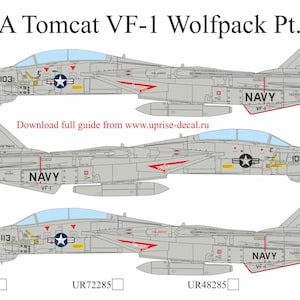 May include: Three side profiles of F-14A Tomcat fighter jets, in shades of grey, with red and blue accents. Each jet displays the word "NAVY" and a unique number. The image includes the text "F-14A Tomcat VF-1 Wolfpack Pt.I" and a website address.