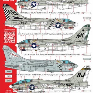 以下が含まれることがあります： LTV A-7B/E および TA-7C Corsair II 航空機の複数のモデル飛行機用の詳細なデカールシート。さまざまな部隊と期間のマーキング、記章、番号が含まれています。配色は主にグレーで、ネイビーブルーのアクセントが付いています。