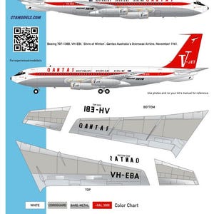Op de afbeelding: Een diagram dat het kleurenschema laat zien voor een 1/144 schaalmodel van een Qantas Boeing 707-138B straalvliegtuig. Het diagram toont de boven- en onderkant van het vliegtuig, evenals een kleurenkaart. Het vliegtuig is geschilderd in een wit en rood kleurenschema met het Qantas-logo en de opschriften "V-Jet".
