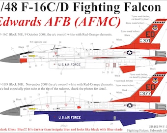 May include: A detailed diagram of two F-16C/D Fighting Falcon aircraft, with white and red-orange accents. The diagram includes text, measurements, and labels, with the text "Edwards AFB (AFMC)" in red.
