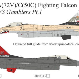 May include: Illustration of two F-16A Fighting Falcon fighter jets. The top jet is tan and grey with a shark mouth design and the text "PLAY TO WIN." The bottom jet is grey with red accents and the text "77TH FIGHTER SQUADRON."
